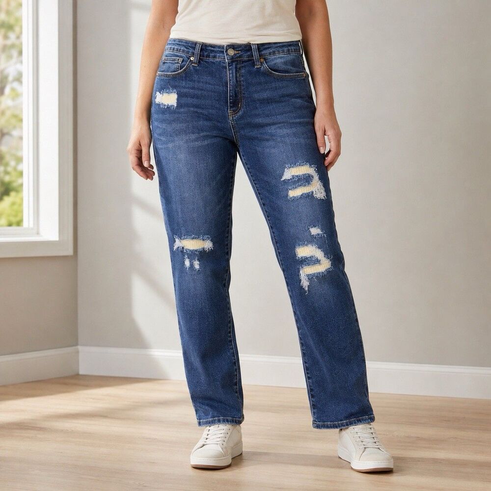 Judy Blue Jeans Womens 13/31 Boyfriend Distressed Thermal Patch Stretch 88306